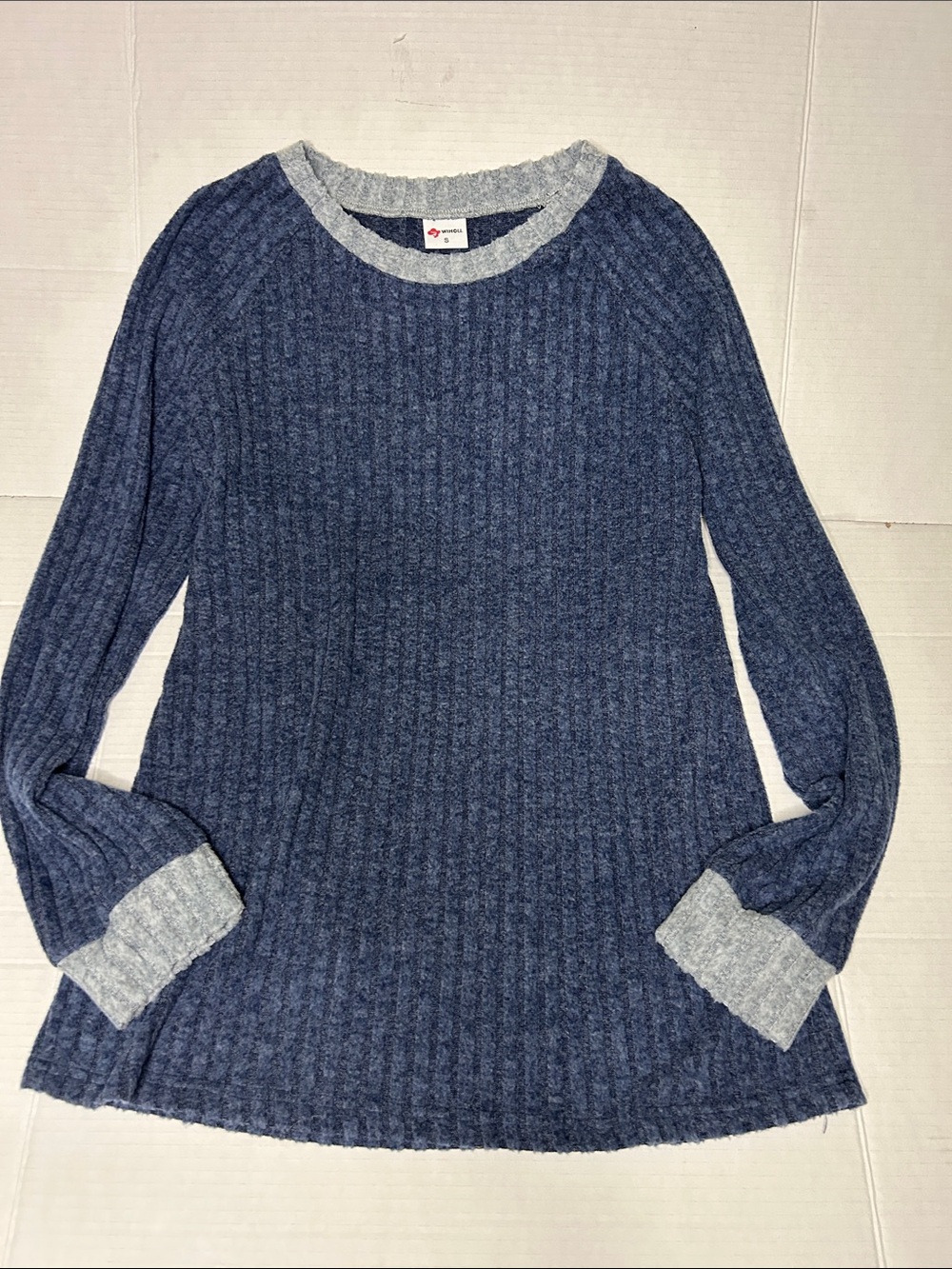 Whioll Size Small long sleeve crewneck sweater. Denim color with gray accent.